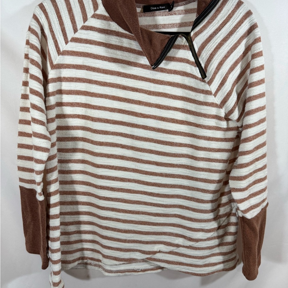 Doe & Rae Cream and Brown Striped Cowl Neck Sweater